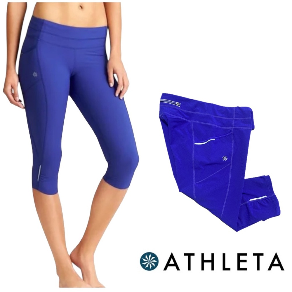 ATHLETA Dobby Be Free Knicker Capri Crop Leggings Blue Purple Pockets Sz Medium